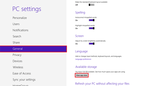 Windows 8 PC Settings, General, View App Sizes